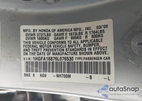 2006 Honda Civic Ex из США, поврежденный, VIN 1HGFA16876L076530